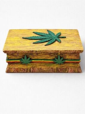 Hand-painted Wood Yellow Rasta Leaf Detailed Decorative  Box
